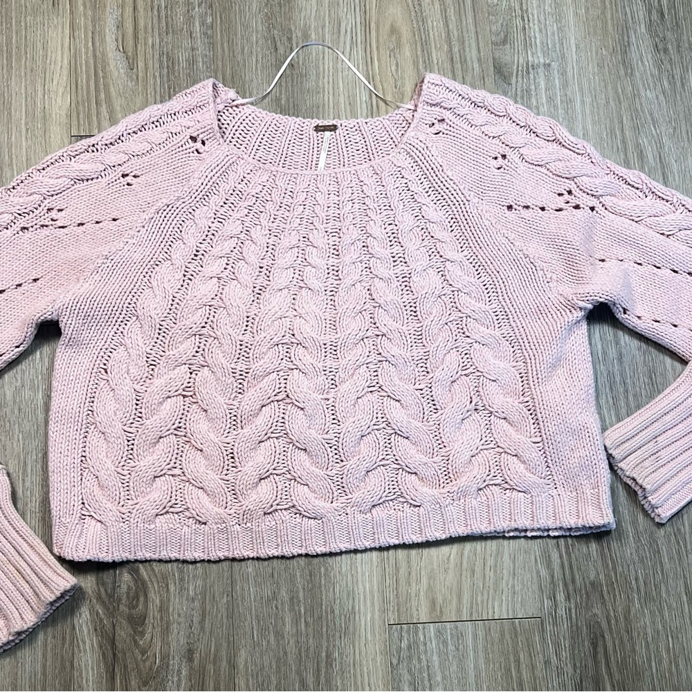 Free People Pink Cable Knit Cropped Sweatshirt